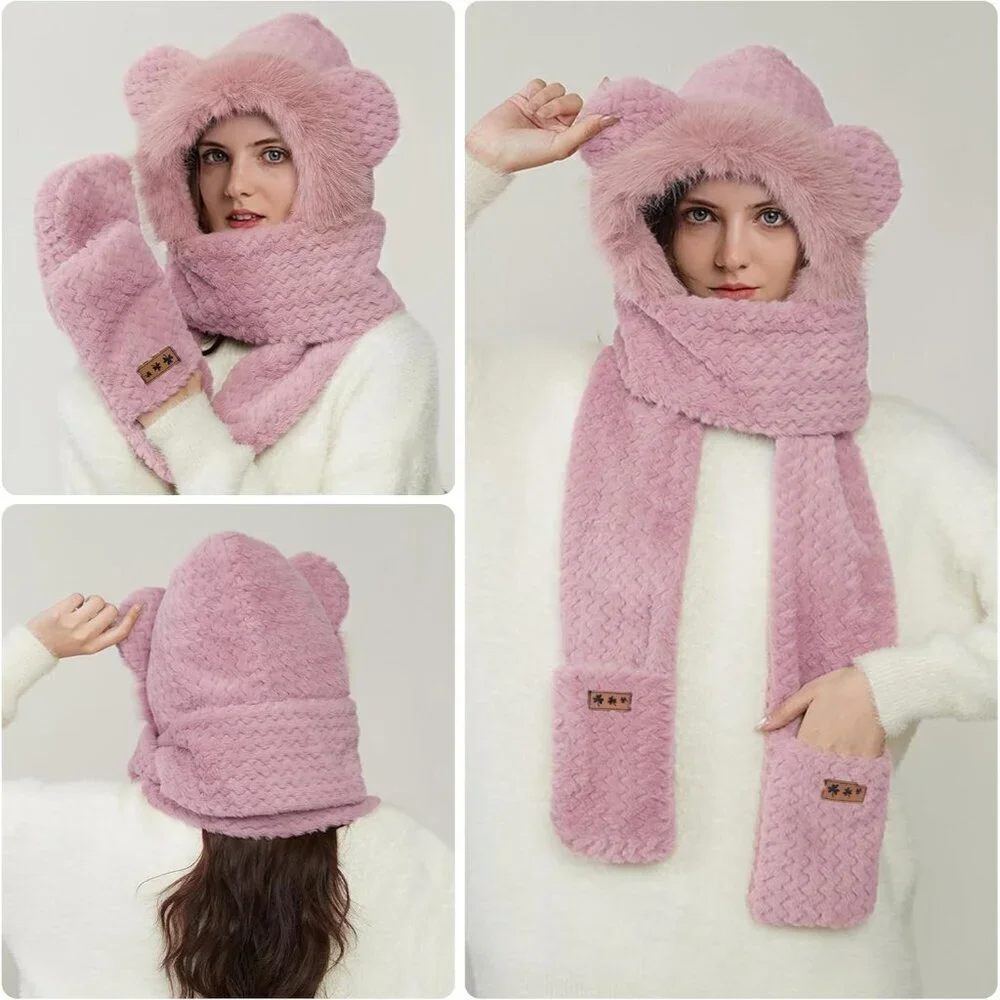 Women's Pink Winter Cute Bear Ear Hat Scarf 3 In 1 Faux Fur Gloves Set